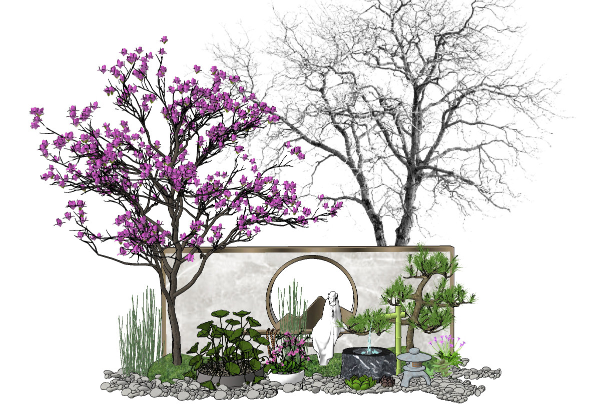 新中式景观小品，庭院景观树su草图模型下载