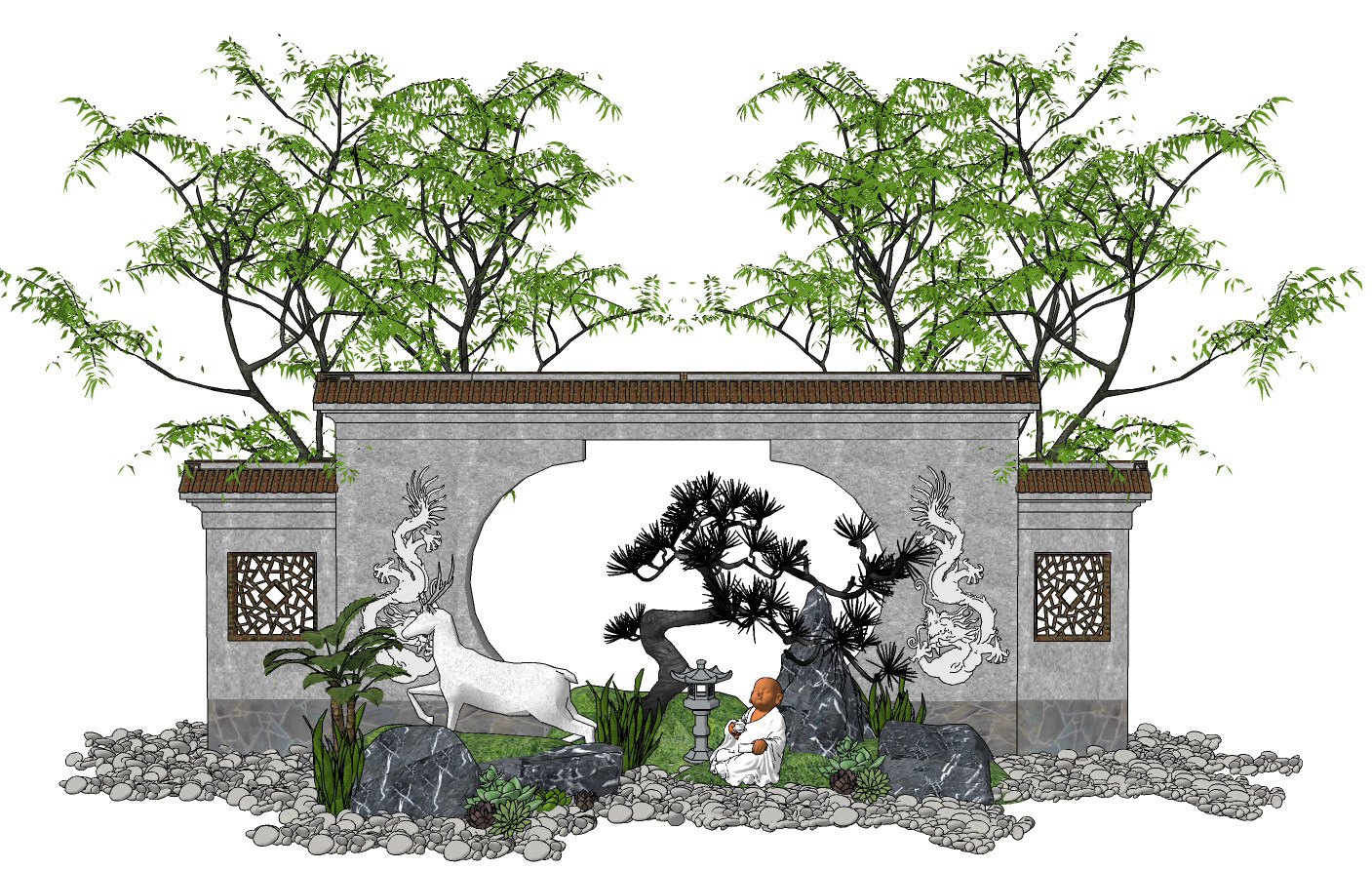 新中式庭院景观雕塑小品su草图模型下载