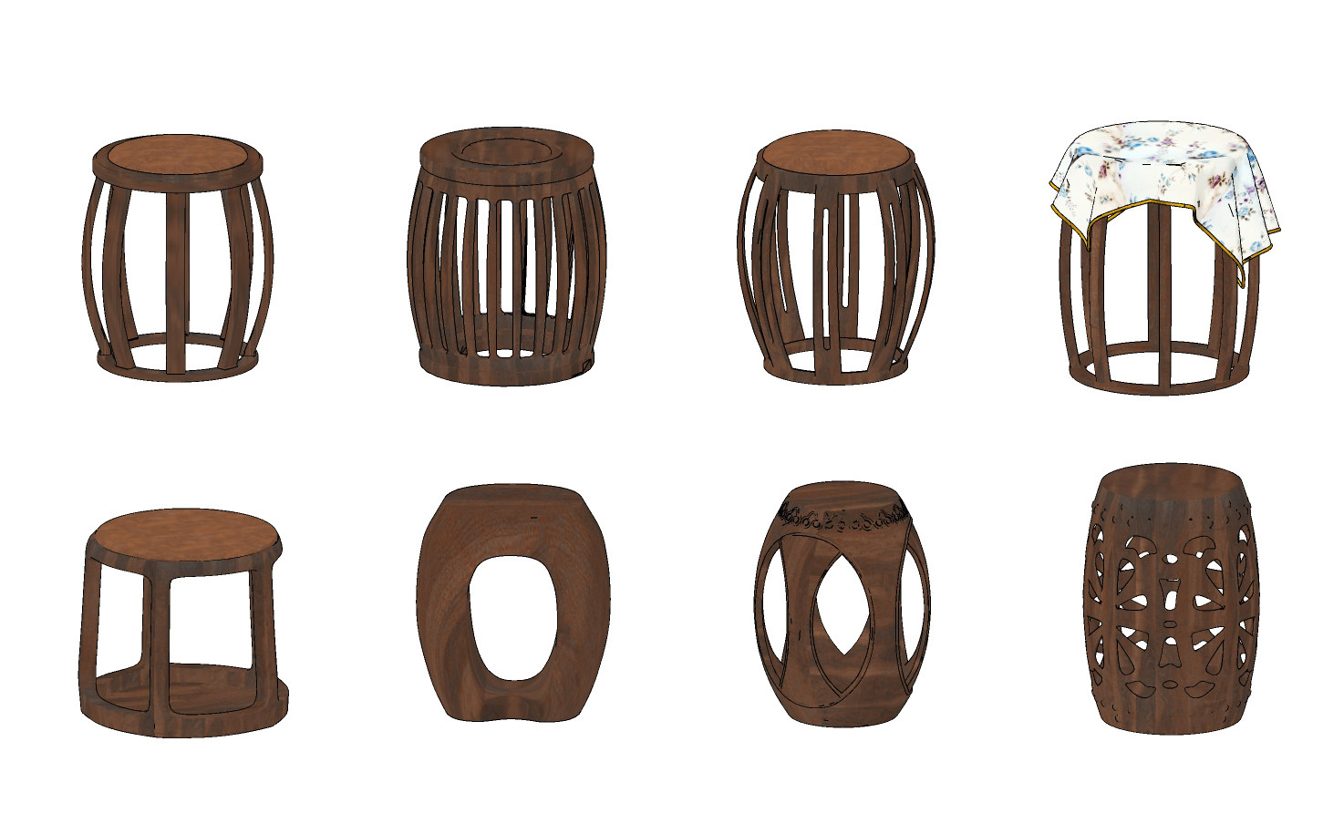 中式实木圆凳凳子su草图模型下载