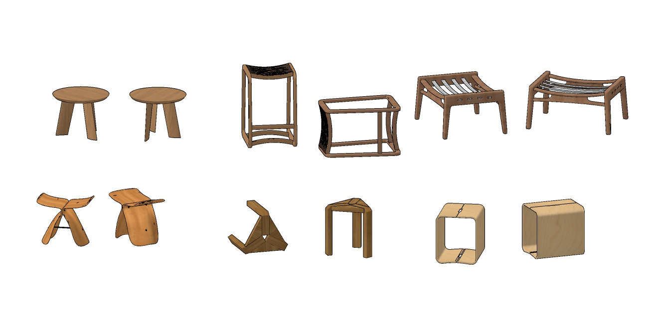 北欧原木凳子，圆形方形坐凳su草图模型下载