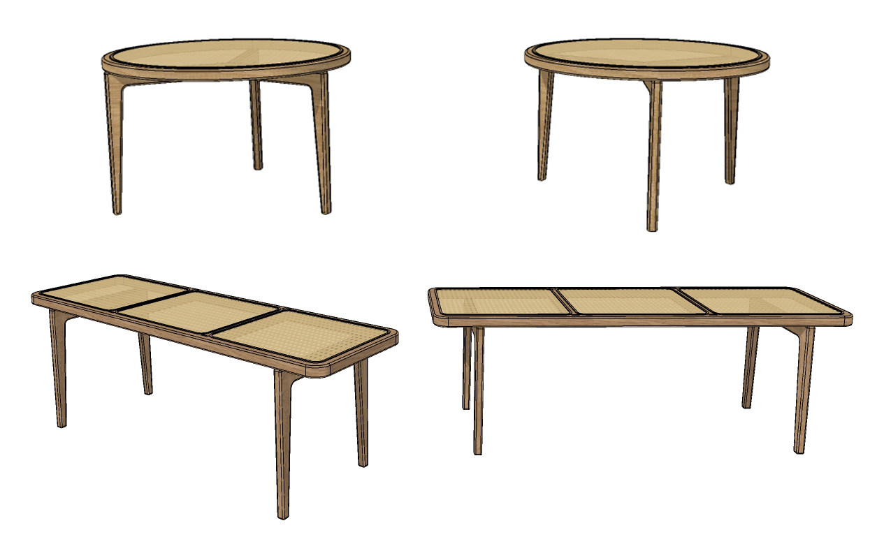 现代竹编圆桌长凳su草图模型下载