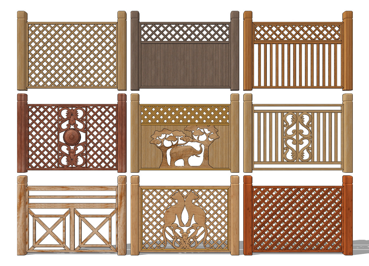 北欧原木栏杆栅栏篱笆，院墙su草图模型下载