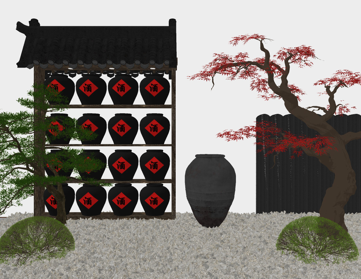 新中式景观小品枯树灌木酒缸小品su草图模型下载