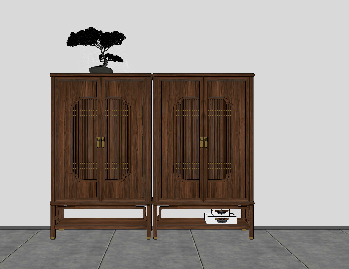 中式古典红木，边柜装饰柜su草图模型下载