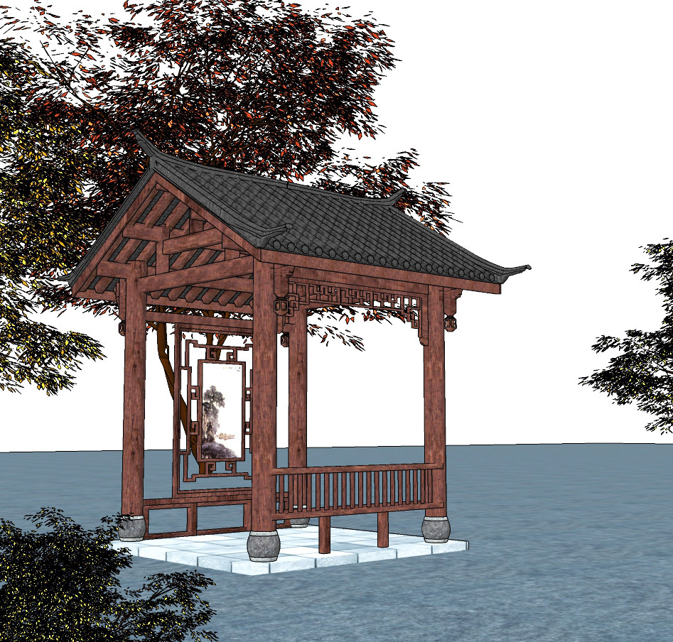 中式古建凉亭，亭子树