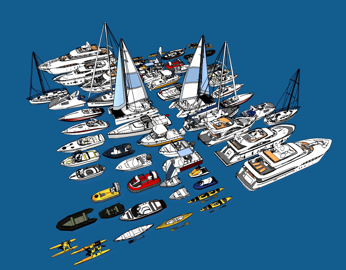 现代游艇 轮船帆船，橡皮艇su草图模型下载