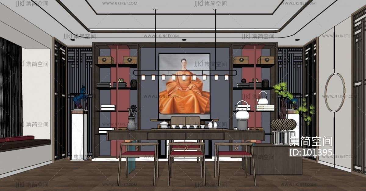 06新中式茶室，书房茶桌椅su草图模型下载