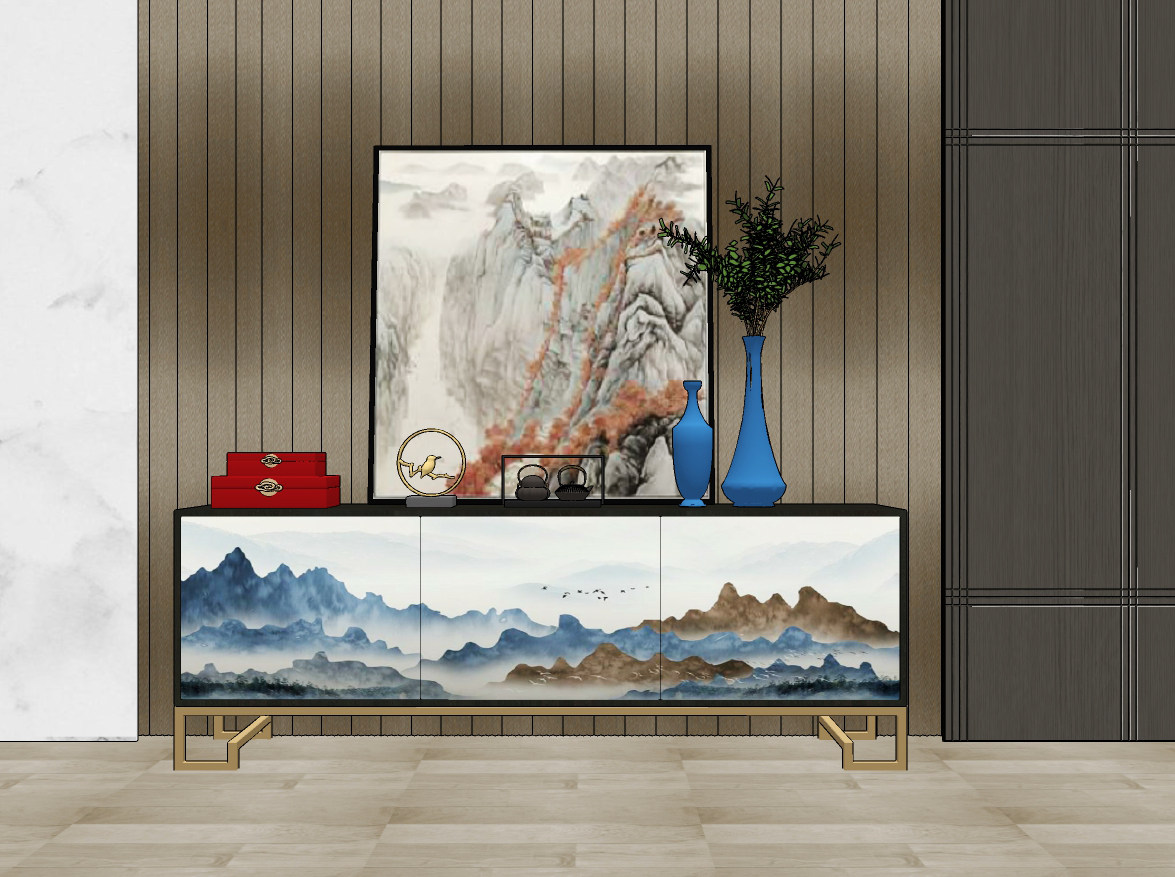 新中式电视柜摆件装饰画 su草图模型下载