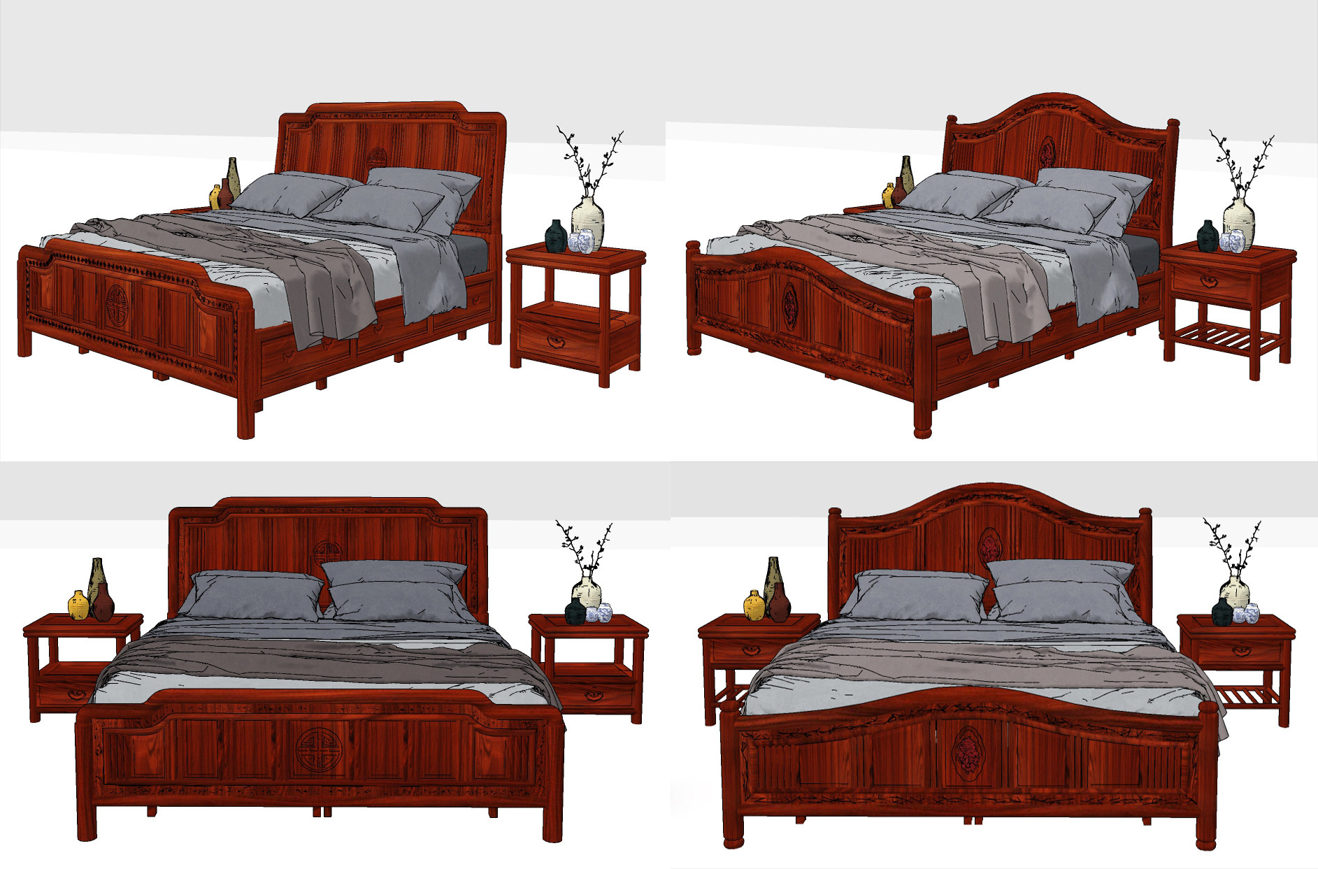 中式美式红木实木双人床床头柜组合su草图模型下载