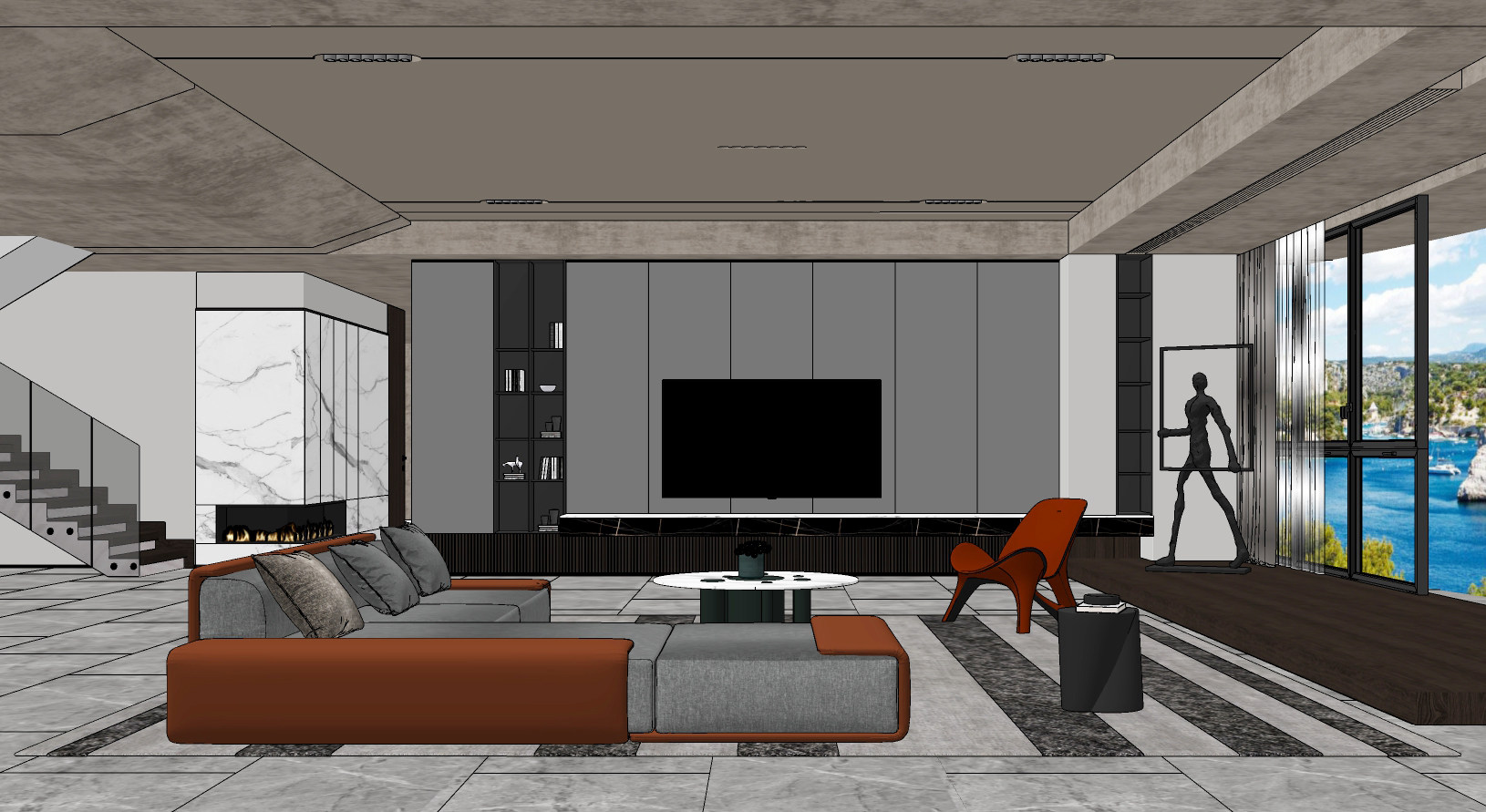 现代客厅，转角沙发su草图模型下载