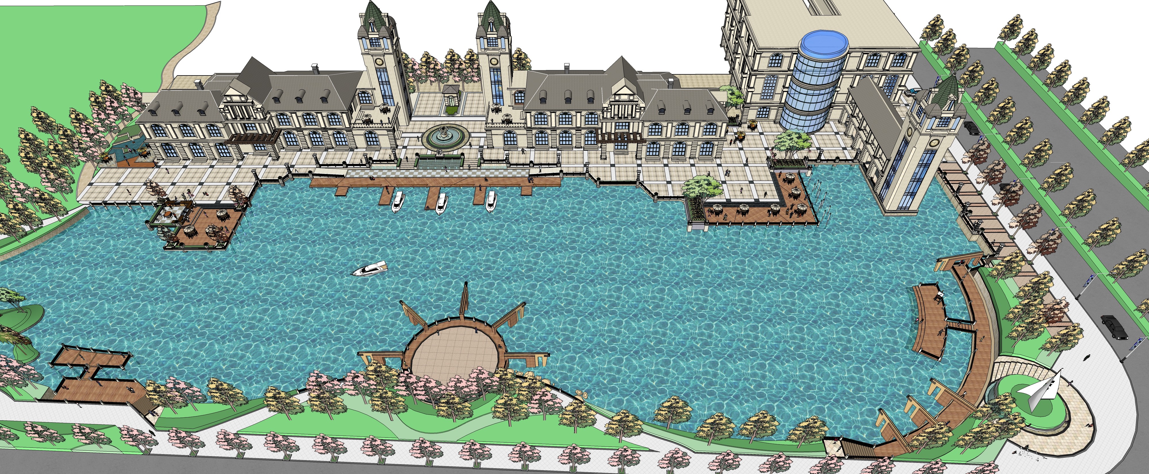 欧式法式滨湖商业街景，别墅酒店su草图模型下载