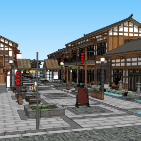 川东中式古建风格的商业街，步行街，特色小镇街区su草图模型下载