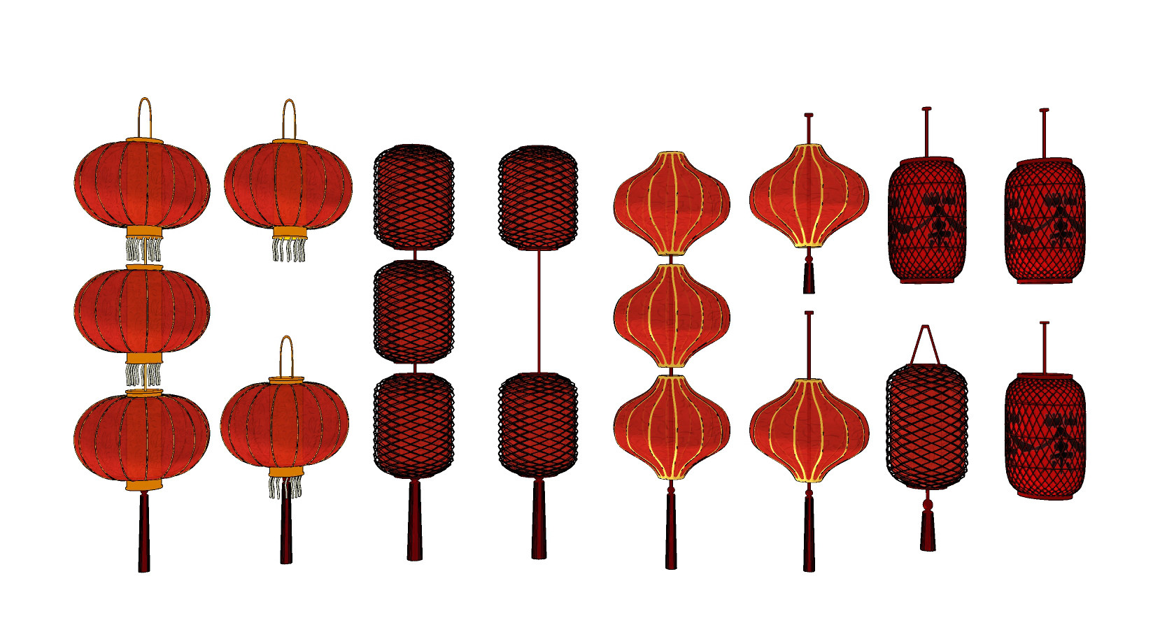 新中式大红灯笼，吊灯su草图模型下载