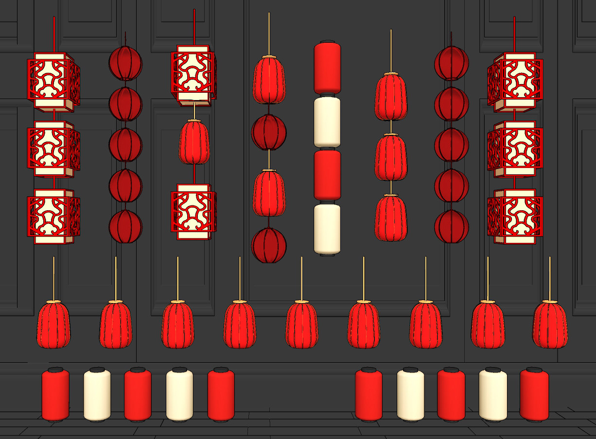 新中式红色灯笼吊灯组合su草图模型下载