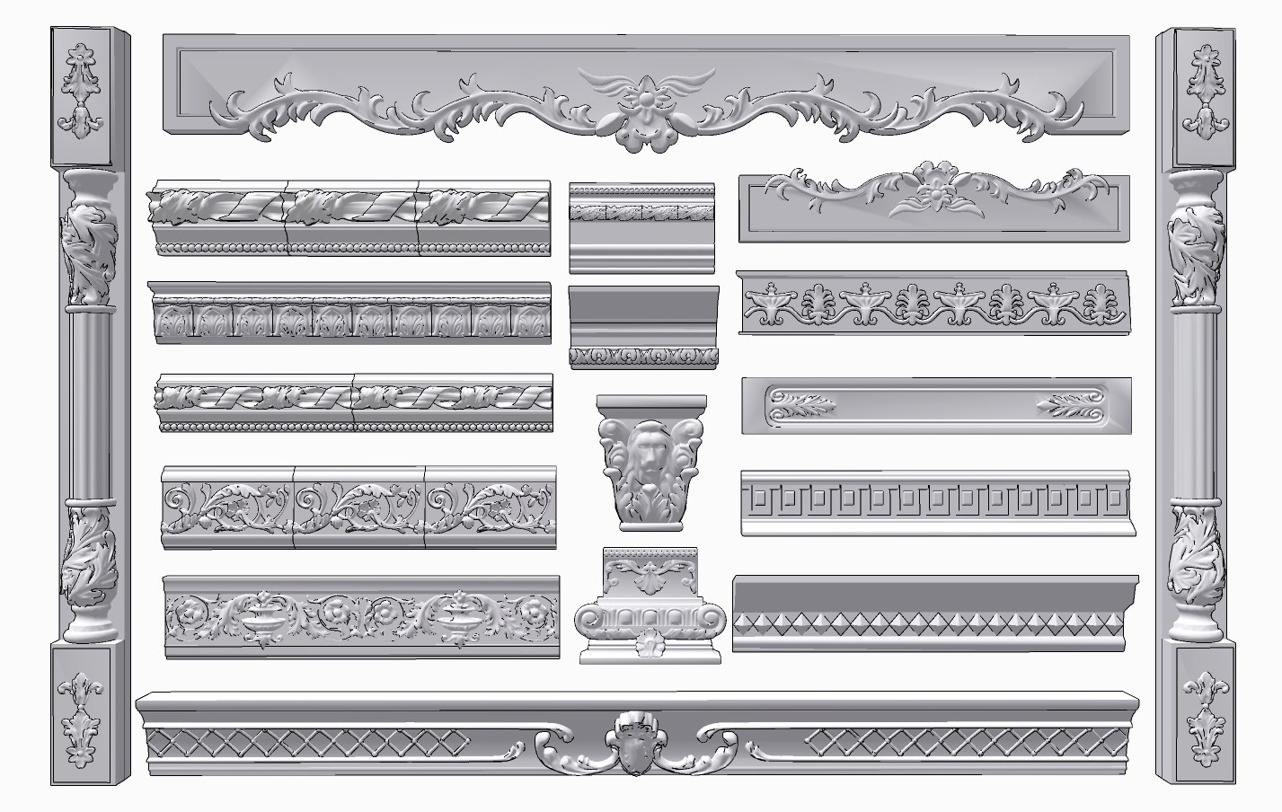欧式石膏雕花线条罗马石柱欧式法式石膏雕花线条，护墙板角花su草图模型下载