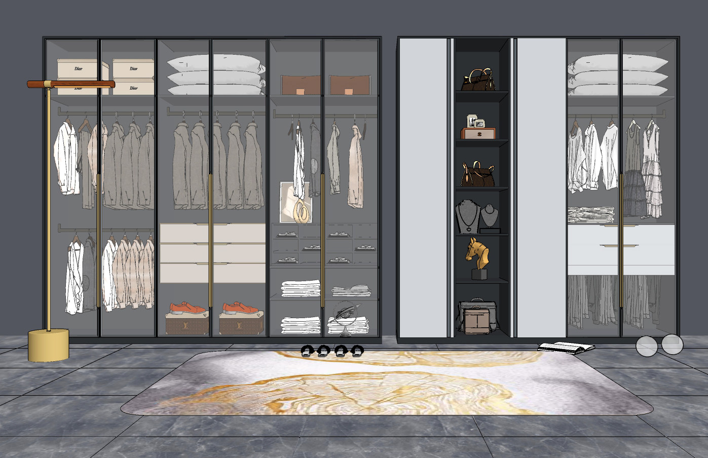 现代玻璃衣柜，衣橱su草图模型下载