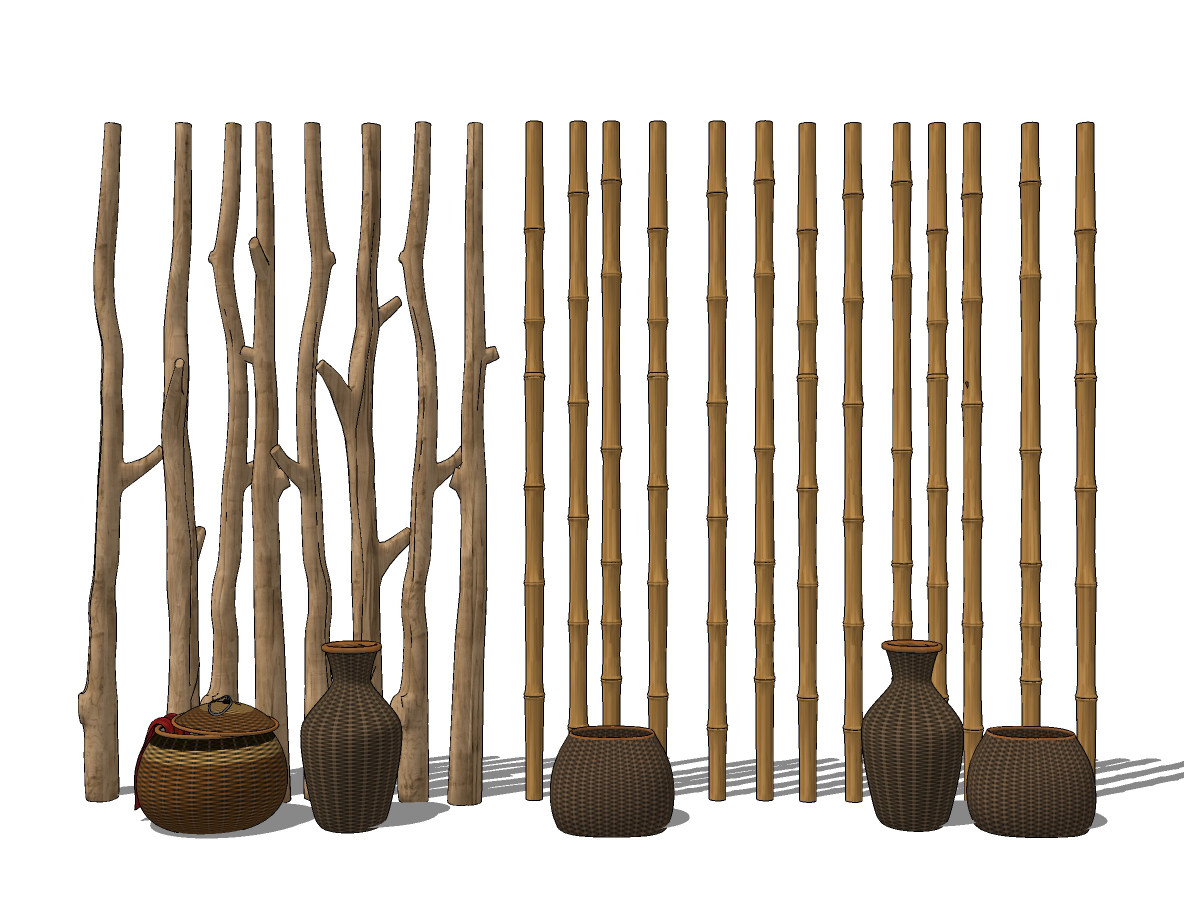 新中式原木竹子，竹竿隔断su草图模型下载