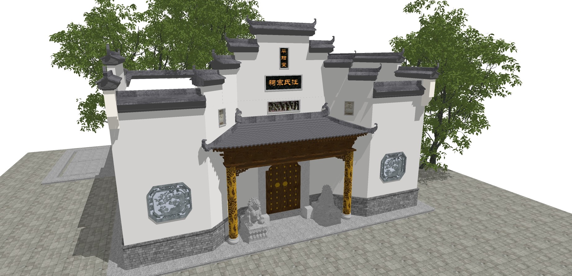 中式古建祠堂，外观门头外观su草图模型下载
