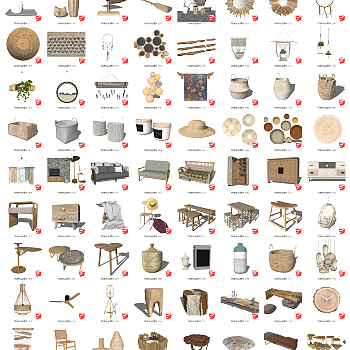 01现代民宿饰品摆件藤编娄、 草帽、墙饰、挂钟、桌椅 、沙发 、茶几、洗手台、摇椅、藤编坐垫 (1)su草图模型下载