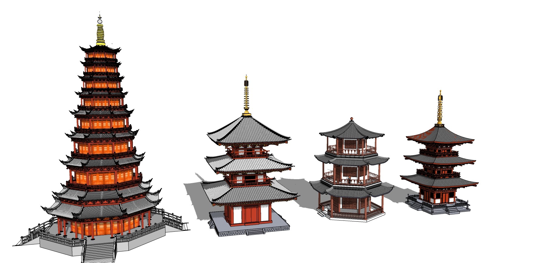 中式古建筑塔楼寺庙建筑，古塔su草图模型下载