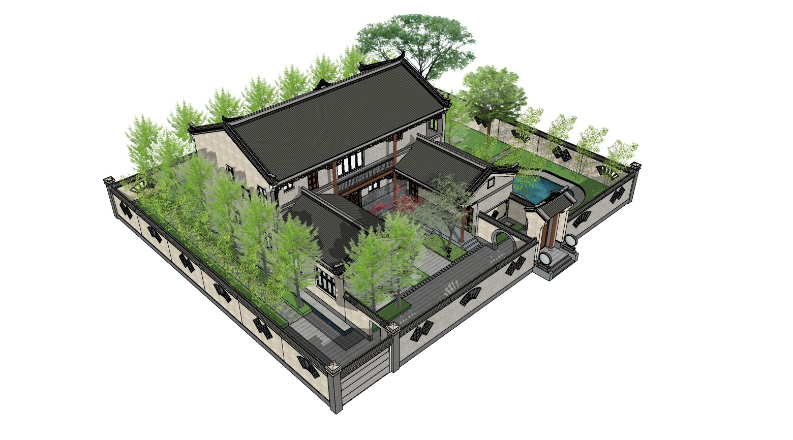 16中式古建四合院，院墙围墙， (1)su草图模型下载