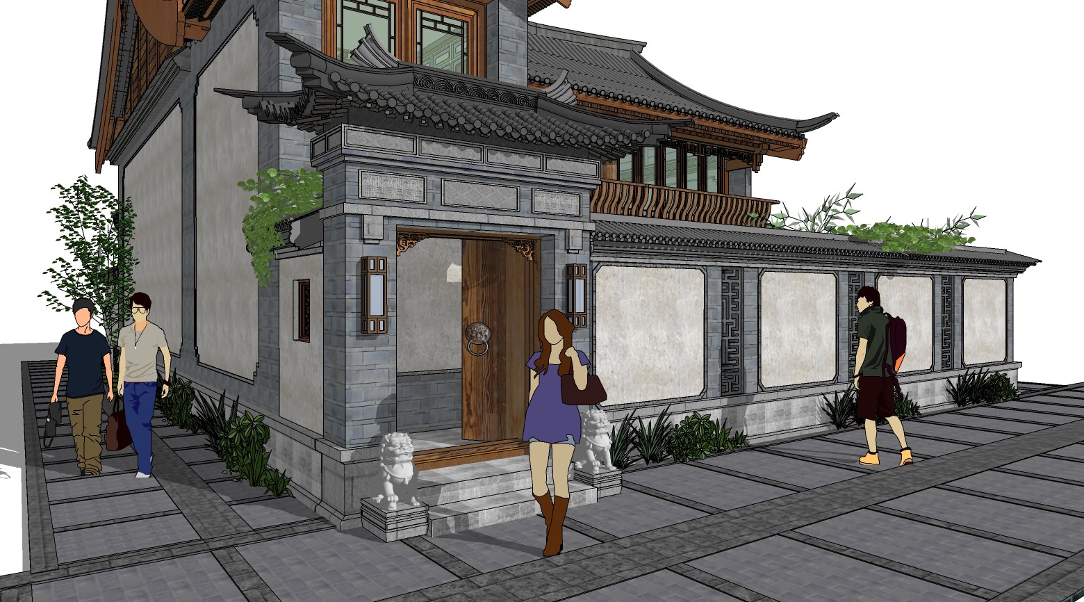18中式古建四合院院墙门头大门，入口大门 (1)su草图模型下载