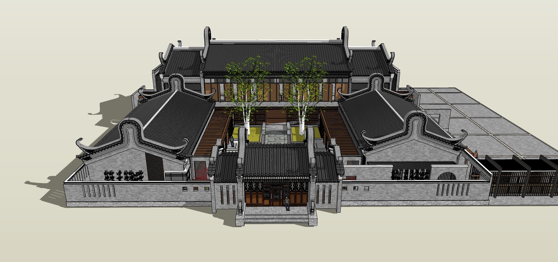 中式古建四合院，院墙门头，大门su草图模型下载