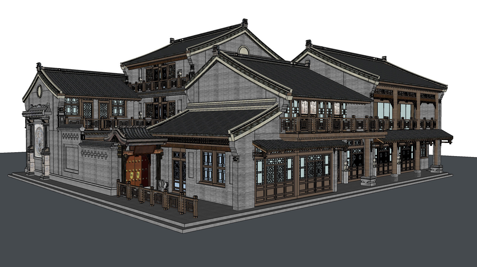 中式古建客栈，门头街区小镇su草图模型下载