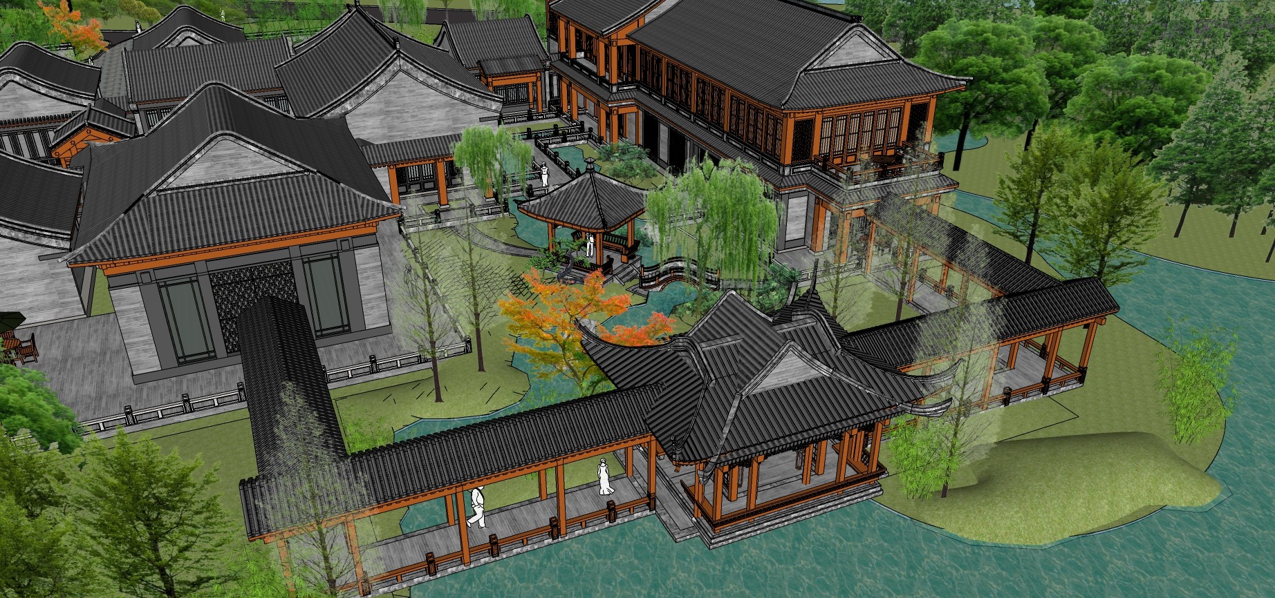 中式古建庭院大门，连廊凉亭，院墙，公园 (1)su草图模型下载