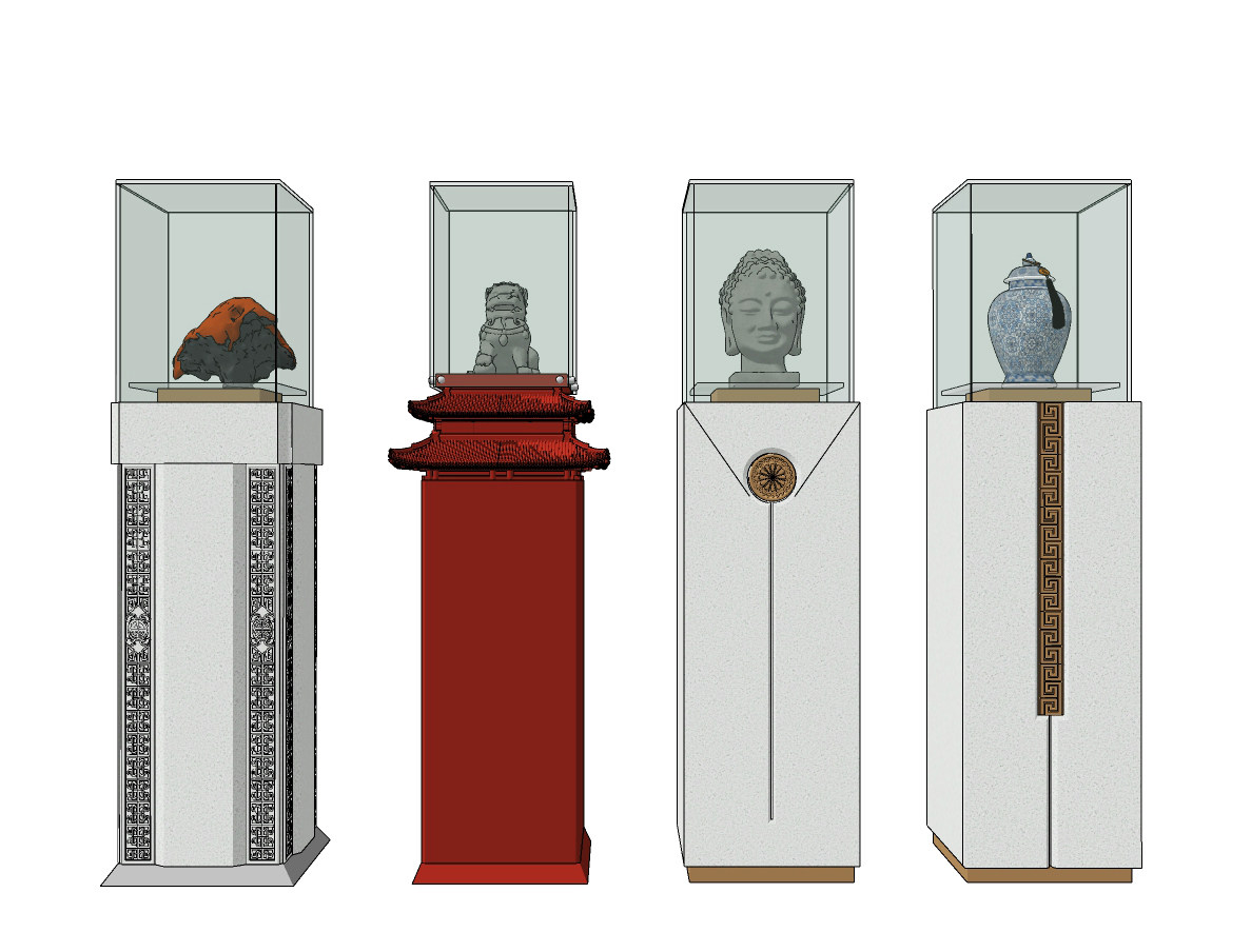 新中式佛头狮子青花瓷，将军罐，雕塑摆台su草图模型下载