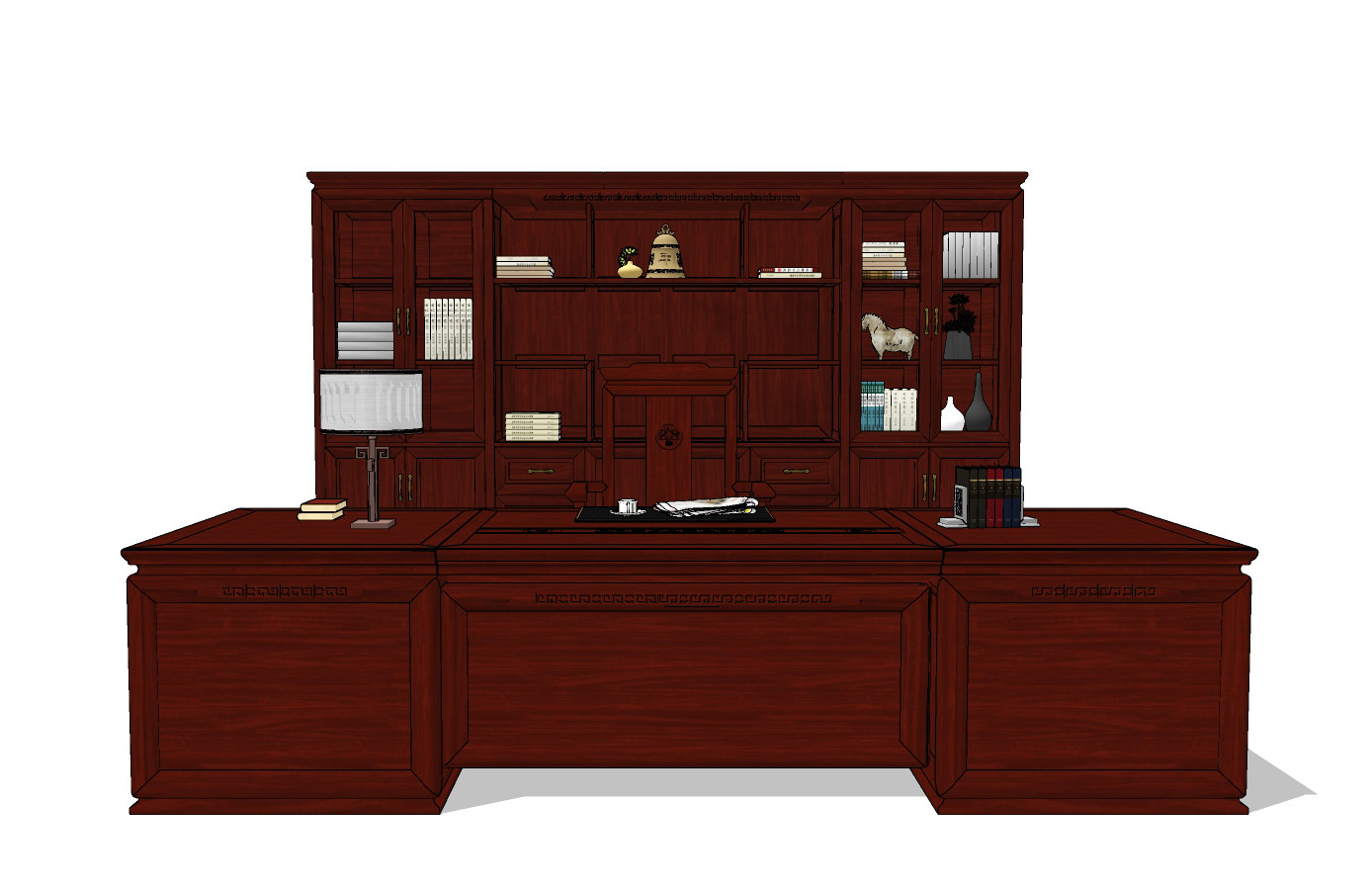 中式古典实木书柜,办公桌椅su草图模型下载