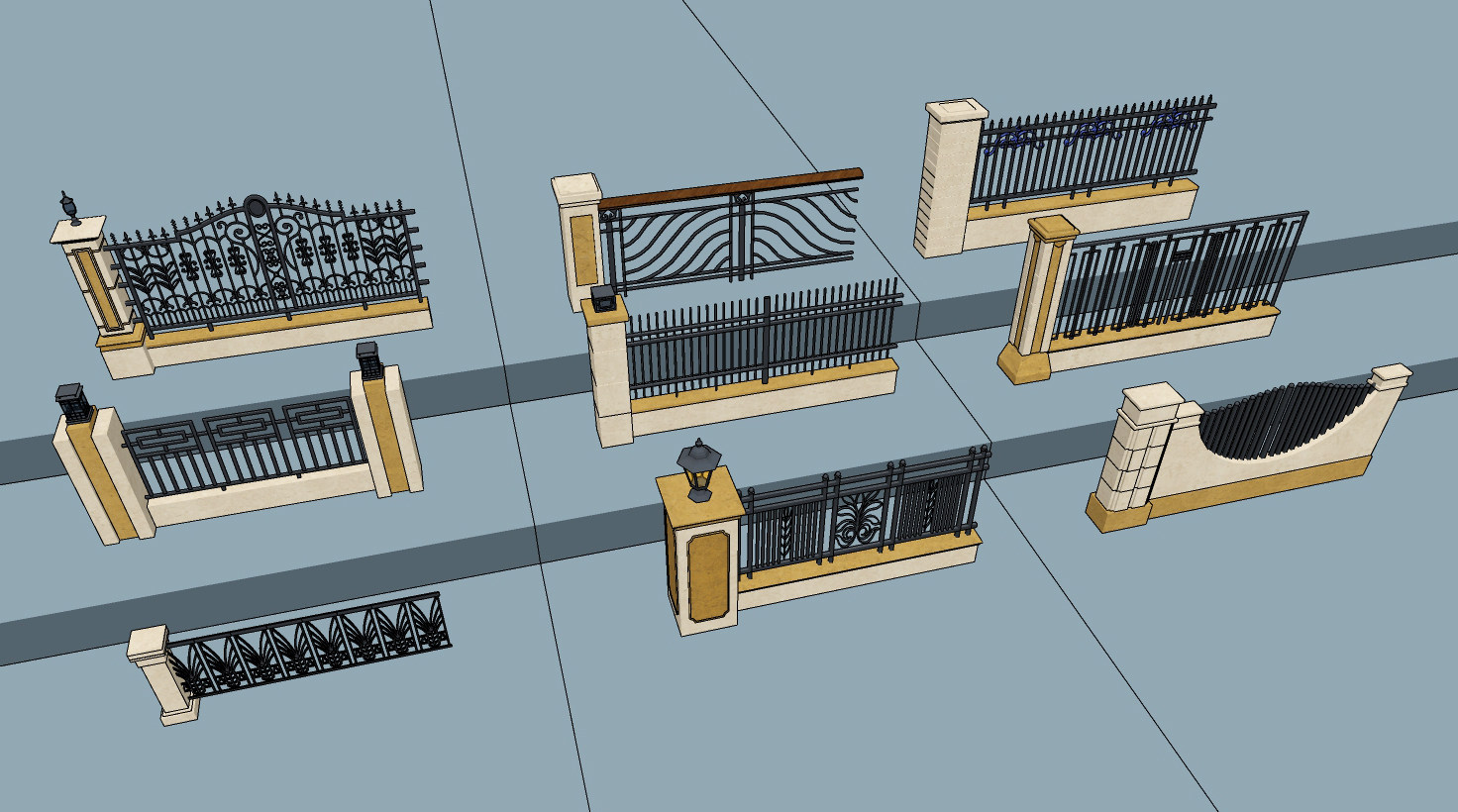 欧式铁艺栏杆大门，围墙su草图模型下载