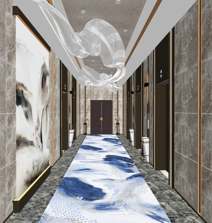 现代酒店电梯厅，电梯间su草图模型下载