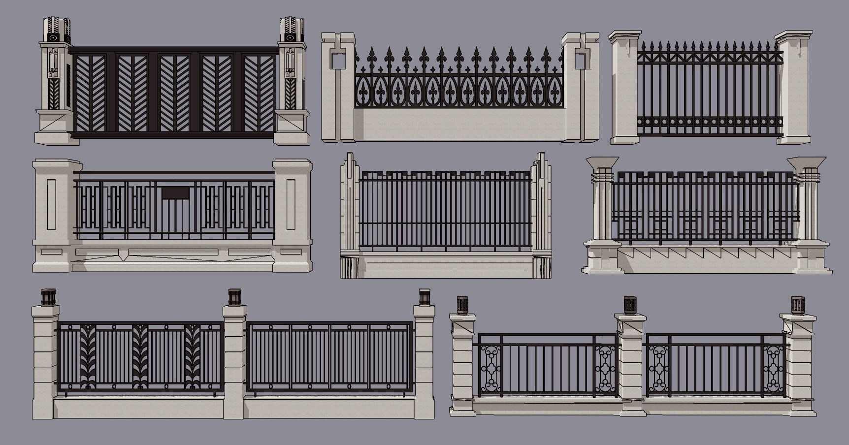 欧式铁艺围栏栏杆,护栏院墙su草图模型下载