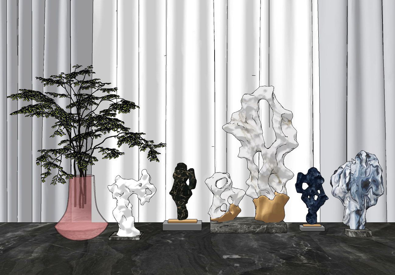 新中式珊瑚，太湖石雕塑绿植花瓶su草图模型下载