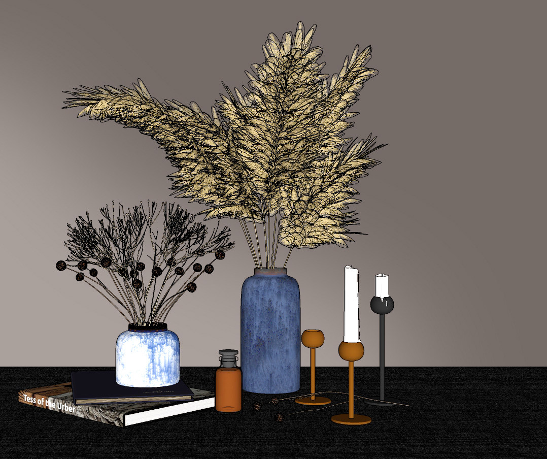 现代花瓶花卉书籍摆件、芦苇草摆件、蜡台 (1)su草图模型下载