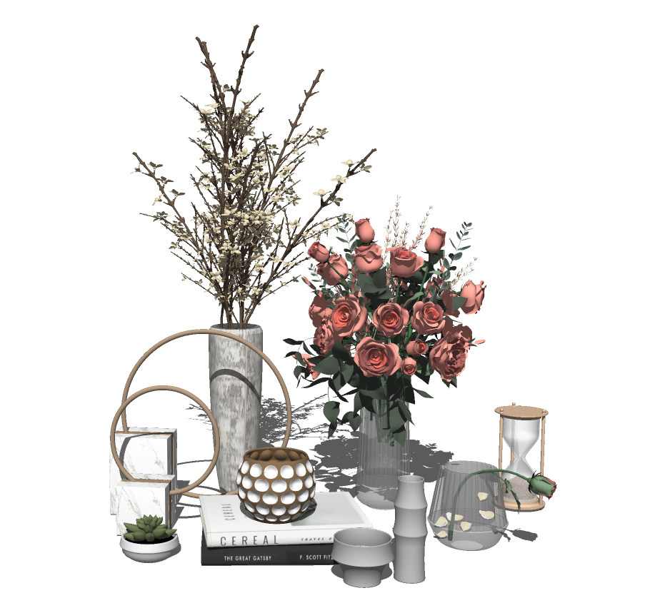 现代花瓶艺术摆件鲜花、玫瑰、沙漏、书、多肉 su草图模型下载