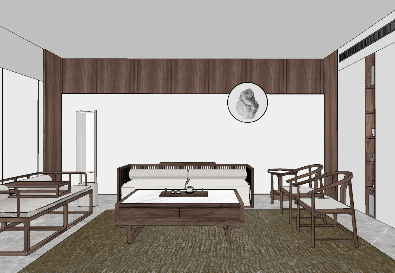 新中式古典实木家具沙发su草图模型下载