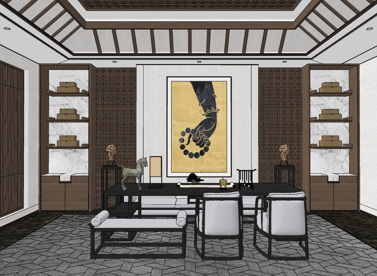 新中式茶室书房,su草图模型下载