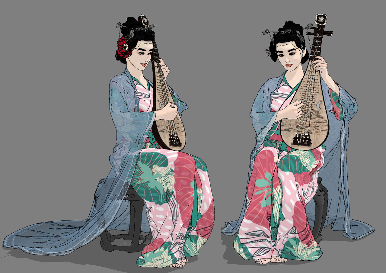 中式琵琶古装美女人物su草图模型下载
