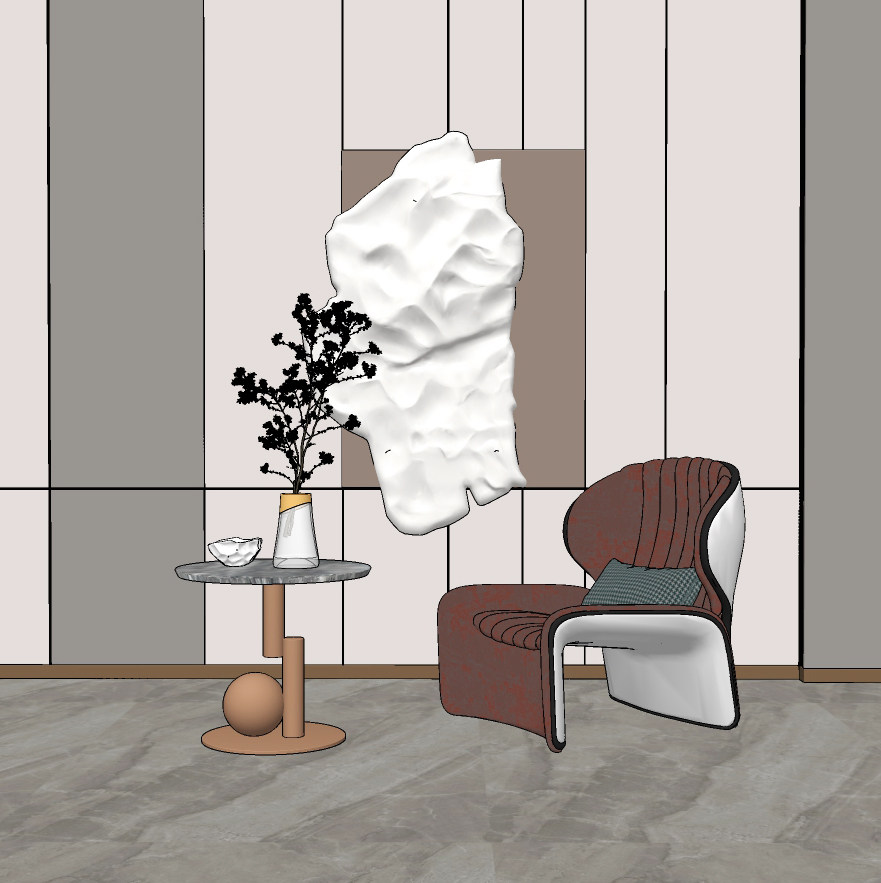 现代单椅墙面装置艺术组合su草图模型下载