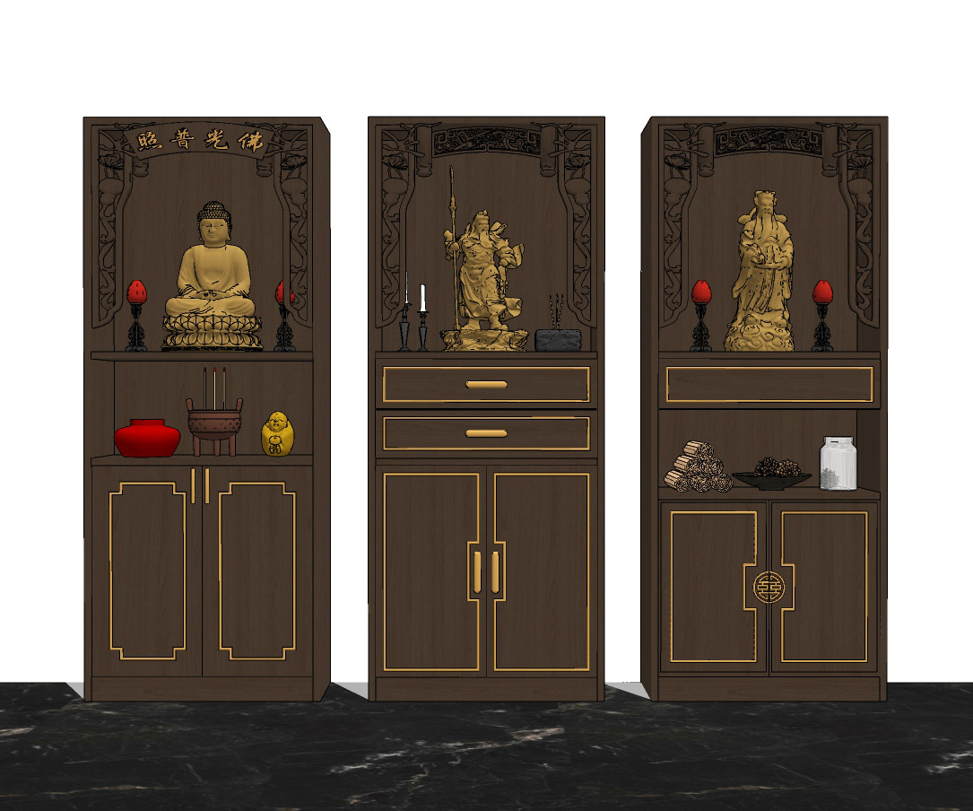 新中式神龛神台柜,佛龛,佛像,雕塑,供台su草图模型下载