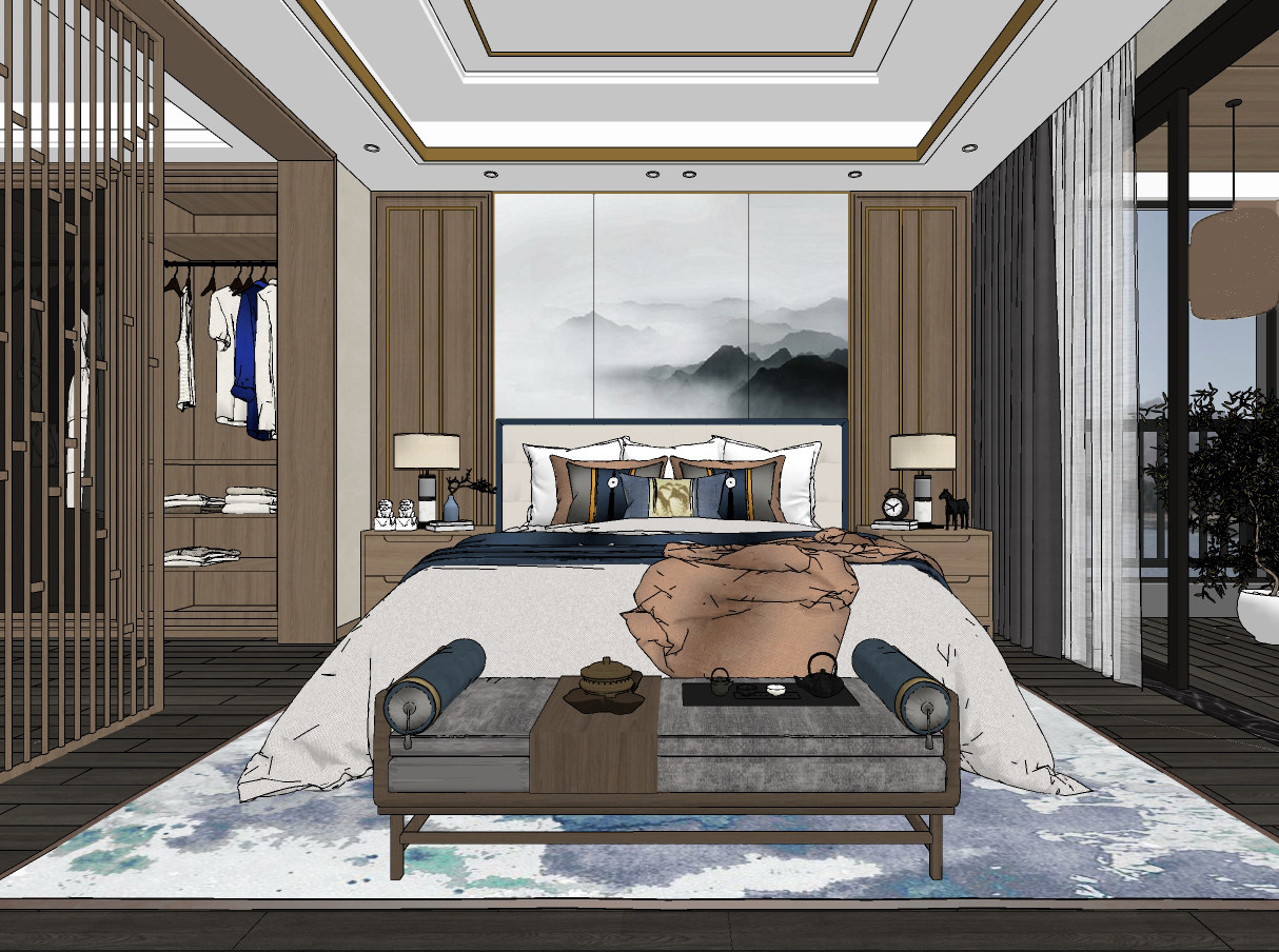新中式卧室su草图模型下载