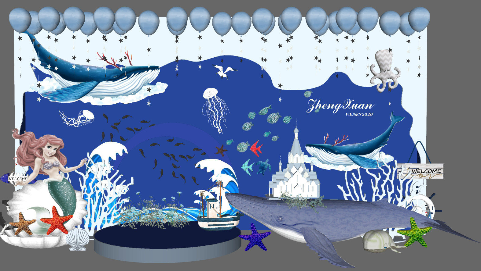 现代海洋主题，水母，珊瑚，帆船海星，墙饰，挂饰，挂件，墙饰、鲸鱼美人鱼舞台背景美陈01su草图模型下载