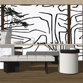 现代茶室,茶桌茶椅组合su草图模型下载
