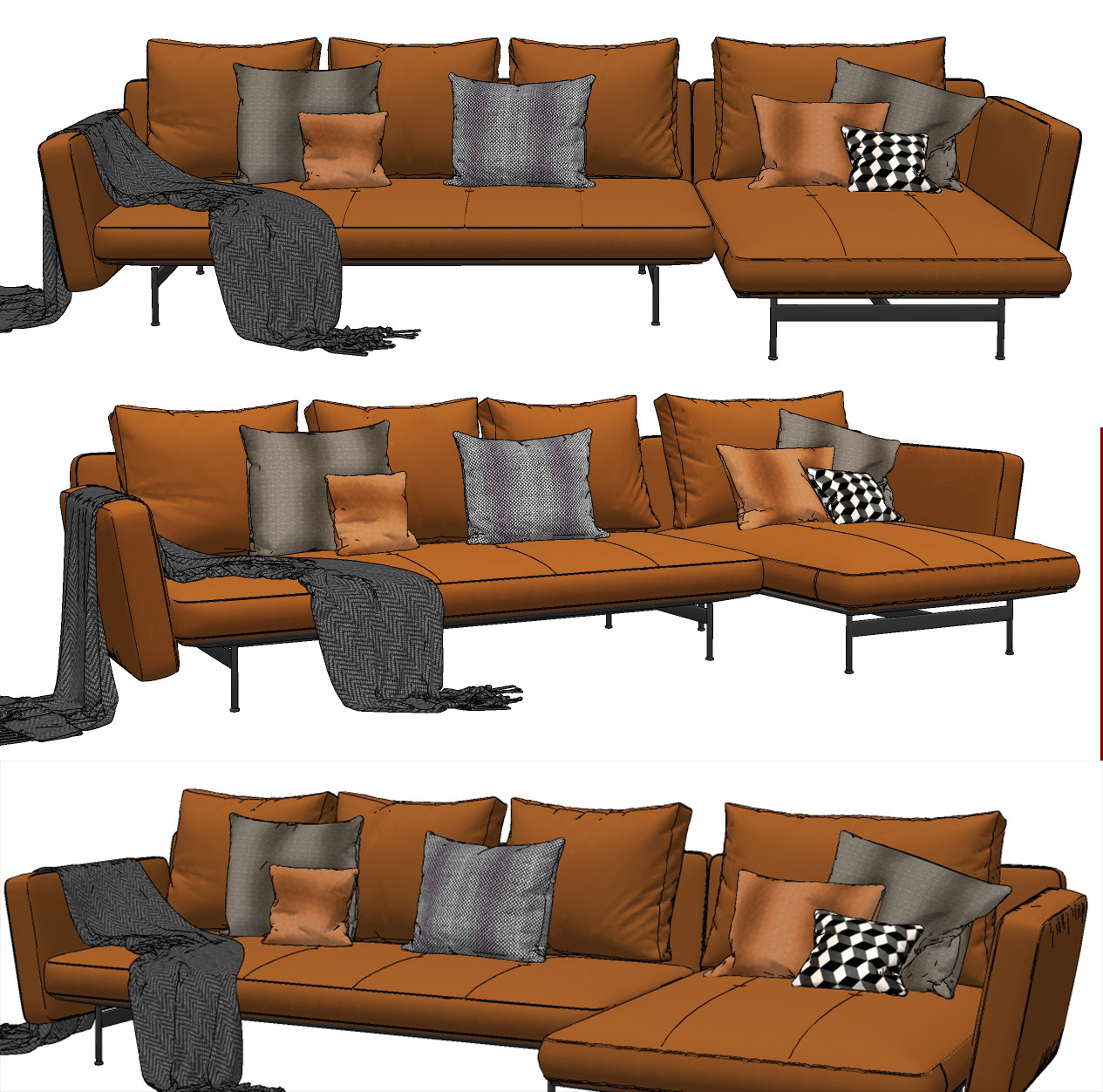 现代皮质沙发，多人皮质转角沙发su草图模型下载