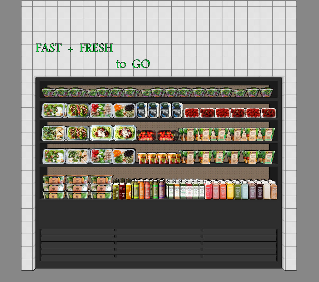现代超市生鲜蔬菜，鲜榨果汁货架su草图模型下载