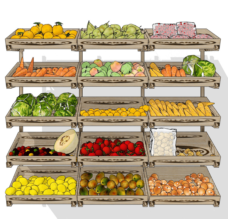 现代水果蔬菜生鲜超市展柜,货架su草图模型下载