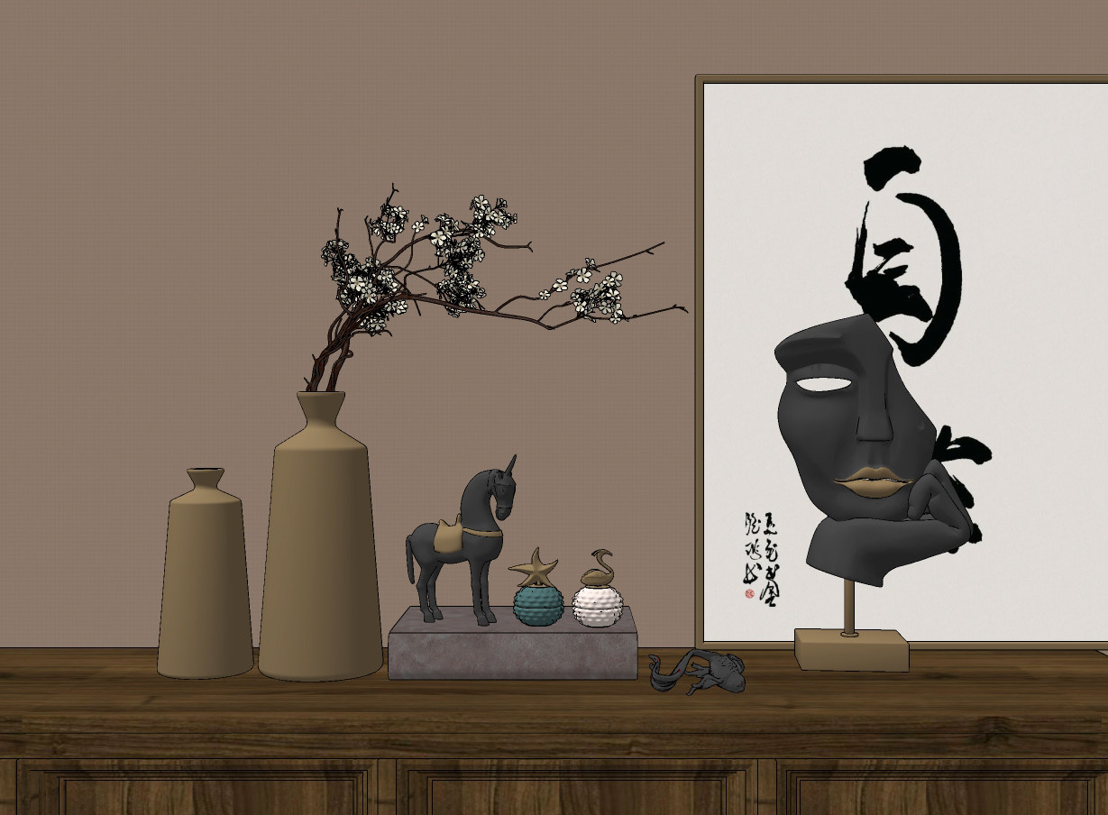 新中式摆件 ,花瓶,雕塑摆件,su草图模型下载