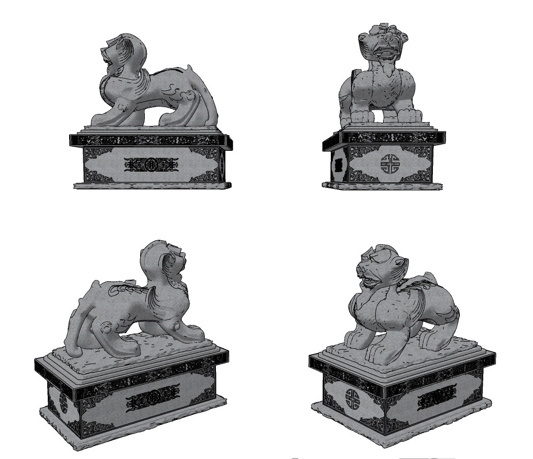 中式石头貔貅石狮子龙雕塑摆件su草图模型下载
